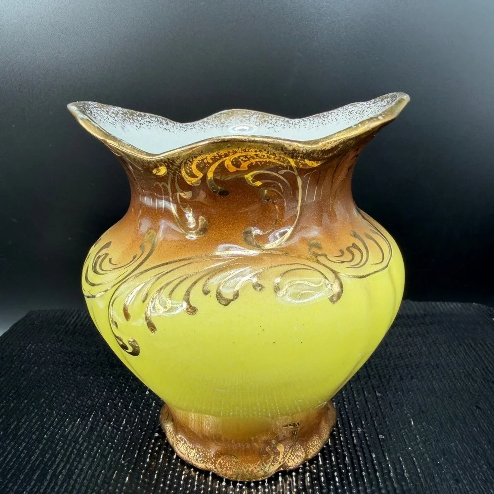 Vintage Verona VPCO Porcelain Vase Yellow Brown‎ Ombre Gold Gilt Filigree Vessel